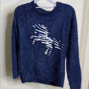 Navy Blue and white ultra  Fuzzy Sweater with Sequin unicorn Design stinkin cute